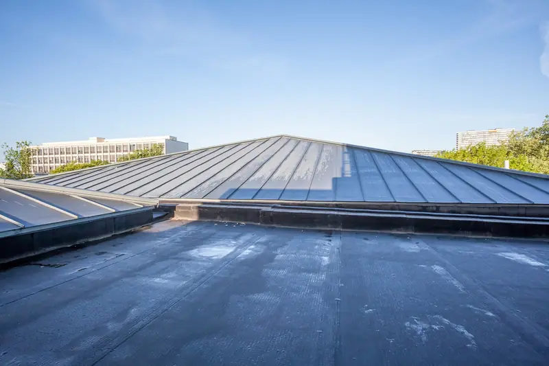 A flat roof beside a standing seam metal roof on a large building